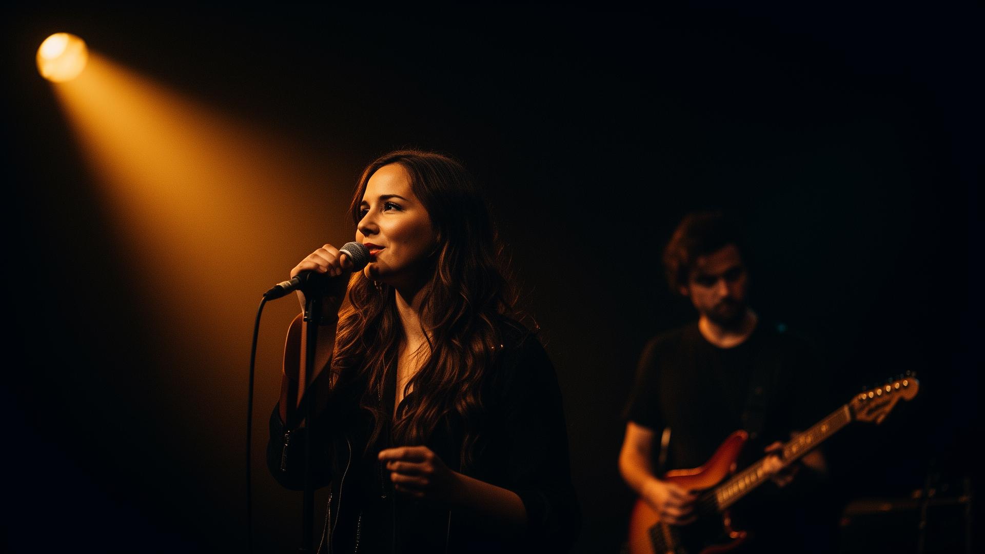 Cantante en vivo bajo luz de escenario